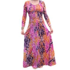 👗ILGWU Vintage 1970s Watercolor Graffiti Tie Dye Renaissance Swing Maxi Dress👗